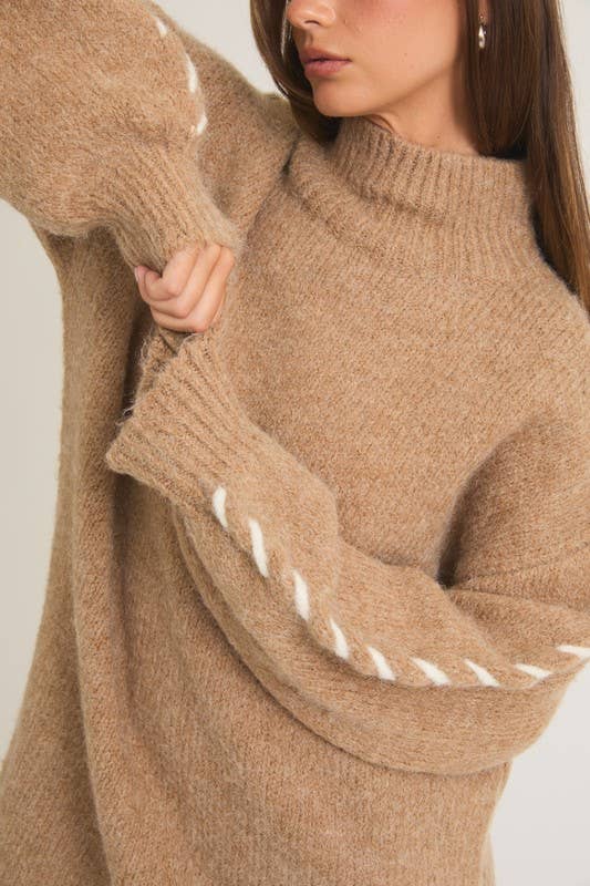 Mock Neck Long Sleeve Stitch Detail Sweater Dress