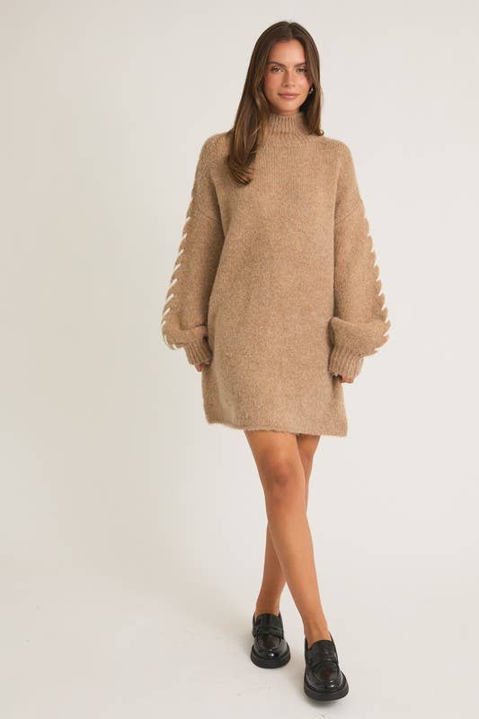 Mock Neck Long Sleeve Stitch Detail Sweater Dress