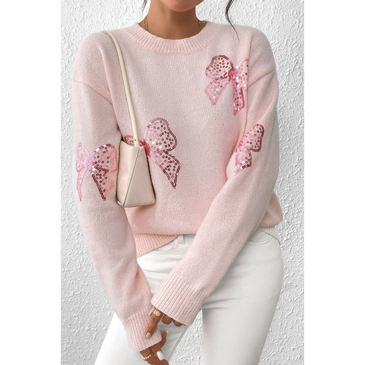 Knit Sequin Bow Round Neck Loose Fit Sweater