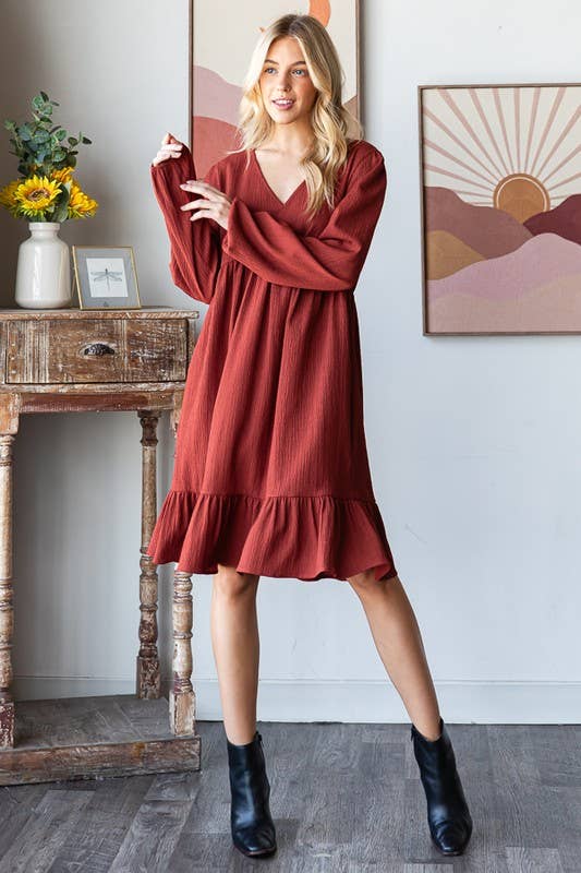 LONG PUFF SLEEVE SOLID BABYDOLL MINI DRESS