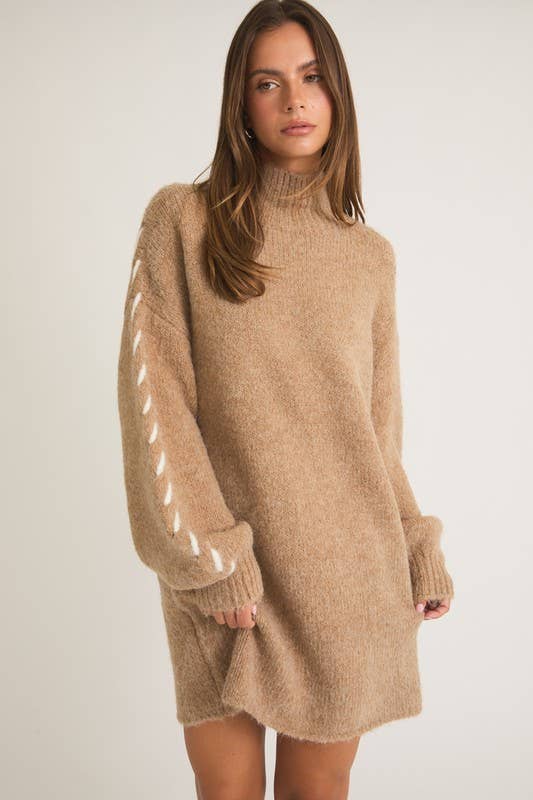 Mock Neck Long Sleeve Stitch Detail Sweater Dress