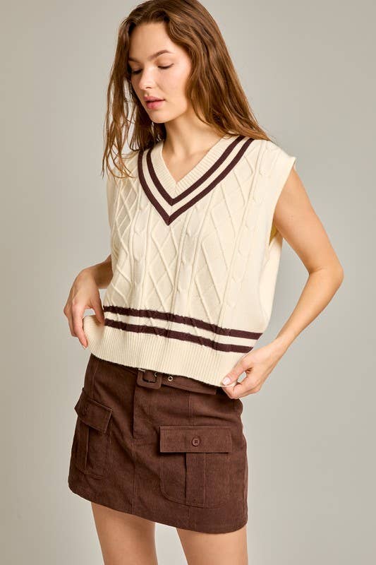 Drop Shoulder V-neck Cable Sweater Vest