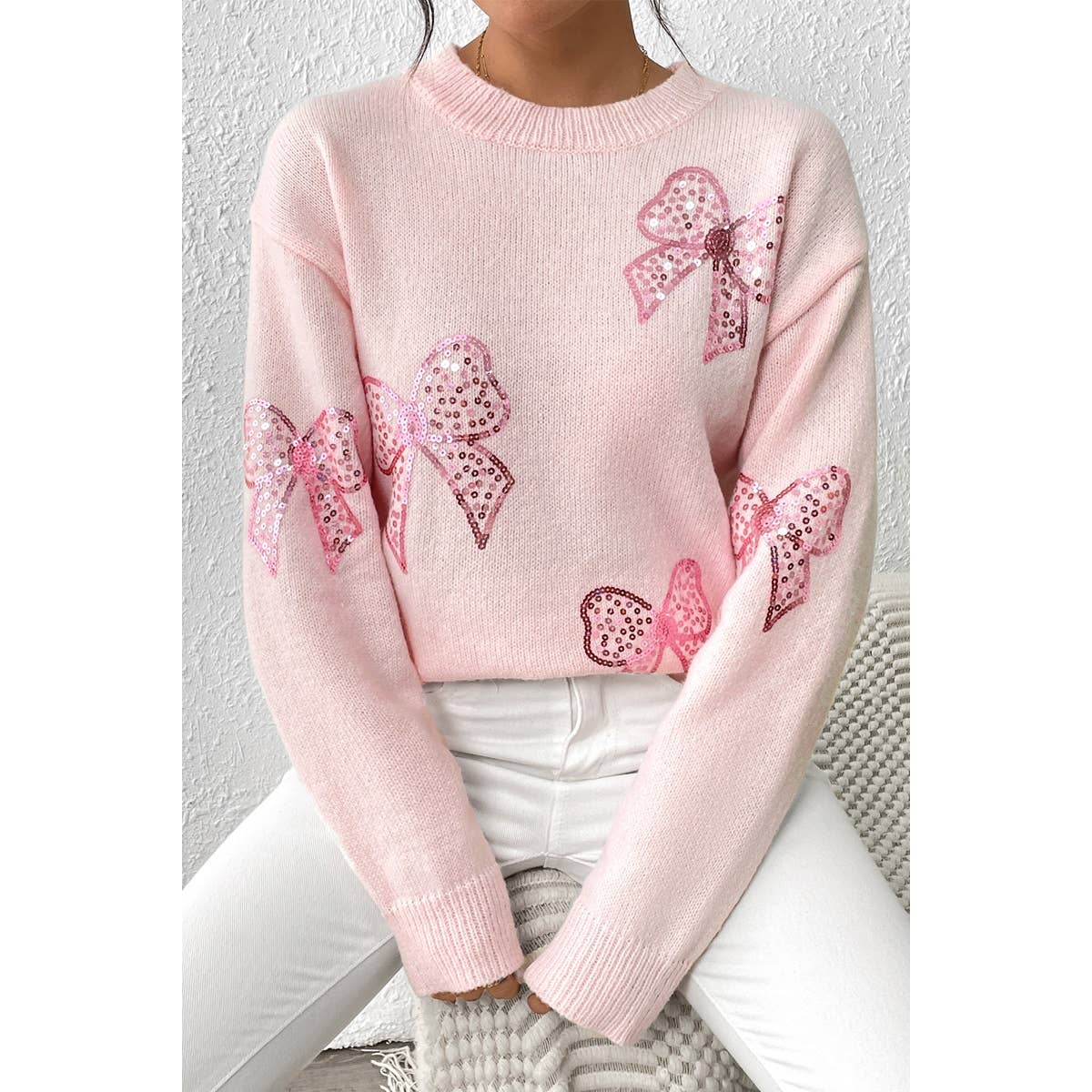 Knit Sequin Bow Round Neck Loose Fit Sweater