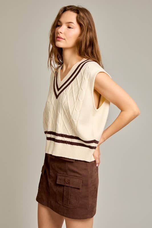 Drop Shoulder V-neck Cable Sweater Vest